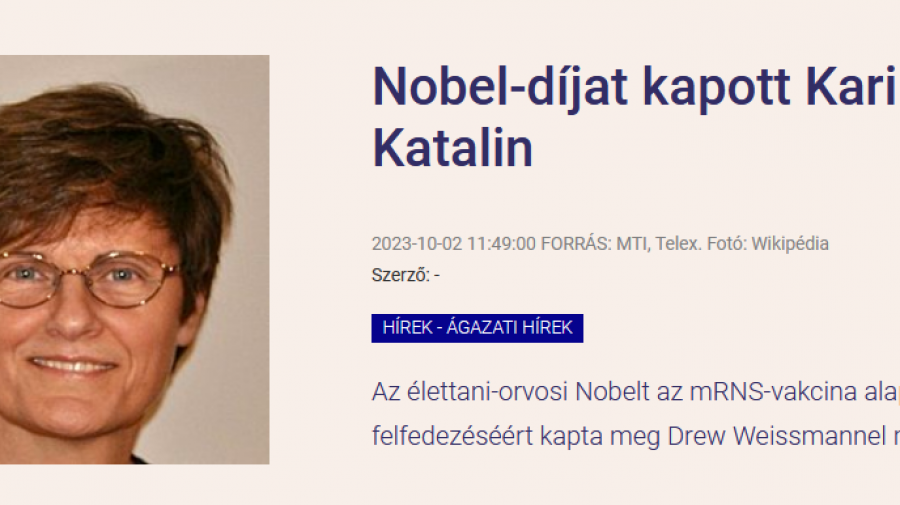 Nobel-díjat kapott Karikó Katalin